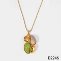 Gold stainless steel necklace with green and pink pebble resin pendant SKU D2246. - Necklace (D2246) / Gold Spliced Green Khaki