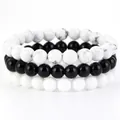 Handmade 3-piece beaded bracelet set with black agate and white marble stones - Black Onyx + White Howlite + Polished White Stone / 21cm (8mm Beads)