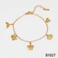 Gold-plated stainless steel charm bracelet featuring marine life turtle and shell - Turtle Shell Pendant Bracelet (B1027) / Gold