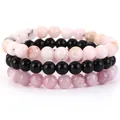 3-piece handmade beaded bracelet set with pink, black, and lavender natural stones - Black Onyx + Pink Opal + Kunzite / 21cm (8mm Beads)