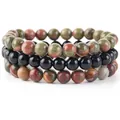 Set di 3 braccialetti fatti a mano con perle in pietra naturale, unakite, onice e diaspro - Onice Nero + Unakite + Pietra Picasso / 21cm (Perla 8mm)