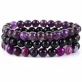 Set di 3 braccialetti fatti a mano in ametista onice e agata striata per donna - Onice Nero + Ametista + Agata a strisce viola / 21cm (Perle da 8mm)