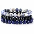 Set triplo di braccialetti fatti a mano in pietre naturali con agata e ametista - Onice Nero + Lapislazzuli + Sodalite / 21cm (Perle da 8mm)