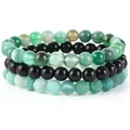 Set di 3 braccialetti fatti a mano in perline di pietra naturale con agata verde e nera - Onice Nero + Agata Venata di Drago Verde + Agata a strisce verdi / 21cm (Perle da 8mm)