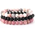 Set di tre braccialetti fatti a mano in perle di pietra naturale con agata e ametista - Onice Nero + Diaspro Zebra Rosa + Diaspro Mogano / 21cm (Perle da 8mm)