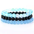 Set di tre braccialetti di perle impilabili con occhio di gatto blu e agata nera - Onice Nero + Calcedonio Blu + Pietra Flash Blu / 21cm (Perla 8mm)