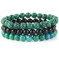 Set di tre braccialetti di perle fatti a mano con motivi malachite e onice - Onice Nero + Pietra Fenice Sintetica + Malachite Sintetica / 21cm (Perla 8mm)