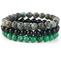 Set di 3 braccialetti fatti a mano in pietre naturali in verde, nero e colori assortiti - Onice Nero + Turchese Africano + Calcedonio Verde Secco / 21cm (Perla 8mm)