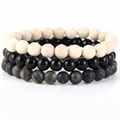 Set di 3 braccialetti in pietra naturale fatta a mano con agata nera e perline striate - Onice Nero + Diaspro Legno Nero + Fossile Bianco / 21cm (Perle da 8mm)