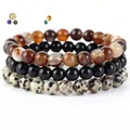 Set di 3 braccialetti in pietre naturali con perle di agata e diaspro dalmata - Onice Nero + Diaspro Dalmata + Agata a Strisce Caffè / 21cm (Perle da 8mm)
