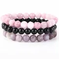 Set di 3 braccialetti in perle di pietra naturale in rosa, nero e ametista lavanda - Onice Nero + Giada Kunzite + Pietra Lilla / 21cm (Perla 8mm)