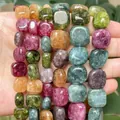 Close-up of colorful tourmaline chalcedony rectangular flat beads for DIY jewelry making - 10x10mm / Multicolor Tourmaline Chalcedony (s3710)