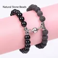 Detailed view of magnetic heart clasp connecting lava stone and polished obsidian bead bracelets - Round Magnetic Style / 19cm (8mm Beads) / Lava Stone Polished Black