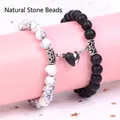 Close-up detail of black and white natural stone magnetic heart couple bracelets - Black and White Heart Magnetic Style / 19cm (8mm Beads) / Matte Black White Turquoise