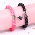 Close-up of magnetic heart clasp on pink and black natural stone beaded bracelets - Black and White Heart Magnetic Style / 19cm (8mm Beads) / Matte Black Rhodochrosite
