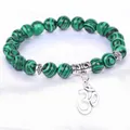 Green malachite-style beaded bracelet featuring a silver Om symbol charm for meditation - 8mm Beads Om Pendant Style (B0027) / 19cm / Synthetic Malachite