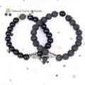 Magnetic heart lava stone bead bracelets for couples jewelry set - Black and White Heart Magnetic Style / 19cm (8mm Beads) / Lava Stone Polished Black