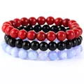 Set di tre braccialetti di perline fatti a mano con pietre naturali rosse, nere e blu. - Onice Nero + Giada Corallo Rossa + Giada Blu / 21cm (Perla 8mm)