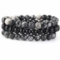 Set di 3 braccialetti in pietra naturale fatti a mano con agata nera e diaspore - Onice Nero + Pietra a Rete Nera + Labradorite / 21cm (Perla 8mm)
