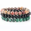 Set di 3 braccialetti fatti a mano in perline di pietra naturale con agata e ametista - Onice Nero + Diaspro Pelle di Leopardo Rosso + Imitazione Rubino Zoisite / 21cm (Perla 8mm)