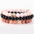 Set di 3 braccialetti fatti a mano con perline di pietra naturale nera, rosa e pesca - Onice Nero + Opale Rosa + Avventurina Rosa / 21cm (Perla 8mm)