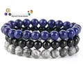 Set di 3 braccialetti fatti a mano in perline di pietra naturale, blu, nero e grigio - Onice Nero + Lapislazzuli + Diaspro Mappa / 21cm (Perla 8mm)