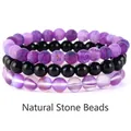 Set di tre braccialetti fatti a mano in agata viola, onice nero e occhio di gatto - Onice Nero + Flash Viola + Pietra Viola Invecchiata / 21cm (Perla 8mm)