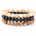 Set di 3 braccialetti in pietre naturali fatte a mano con agata nera - Onice Nero + Diaspro Paesaggio + Diaspro Zebra Naturale / 21cm (Perla 8mm)