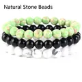 Set di 3 braccialetti in perle di pietra naturale con diaspro verde, agata nera e marmo bianco - Onice Nero + Pietra Verde Frutta + Howlite Bianca / 21cm (Perla 8mm)