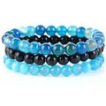 Set di tre braccialetti fatti a mano con perline di agata blu e pietre occhio di gatto - Onice Nero + Occhio di Gatto Blu + Pietra a Strisce Blu / 21cm (Perla 8mm)