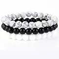 Set di 3 braccialetti elastici in perline fatti a mano con agata e pietre stile howlite - Onice Nero + Bianco Lucido + Howlite Sintetica / 21cm (Perla 8mm)