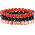 Set di tre braccialetti fatti a mano con perle di agata rossa e perle di ossidiana - Onice Nero + Agata Rossa + Agata a Rete Rossa / 21cm (Perla 8mm)