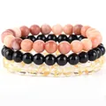 Elegante set di 3 braccialetti di perline fatti a mano con agata e cristallo mantra - Onice Nero + Avventurina Rosa + Mantra Bianco a Sei Caratteri / 21cm (Perla 8mm)