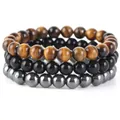 Set di tre braccialetti di perline fatti a mano con occhio di tigre, ossidiana ed ematite - Onice Nero + Occhio di Tigre Giallo + Ematite / 21cm (Perla 8mm)