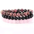 Set di 3 braccialetti fatti a mano in perle di pietra naturale, rodonite rosa e agata nera - Onice Nero + Quarzo Rosa + Rodonite / 21cm (Perle da 8mm)