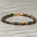 Close-up of bohemian natural stone bracelet with tiger eye and green agate beads - 17cm + Tail Chain / Indian Agate Yellow Tiger Eye Spacer Bracelet (B1012)