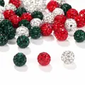 Close-up of 10mm red, green, and white rhinestone Shamballa beads for DIY jewelry. - 45 Pieces/Pack / 10mm / Christmas Color