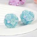 Detailed view of light blue clay rose flower ball beads with pearls for DIY jewelry - Polymer Clay Large Rose Ball / 1 Piece 20mm Pack / Blue