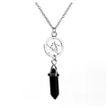 Detailed close-up of a silver pentagram necklace with a black agate crystal point - Pentagram / Black Agate