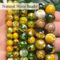 Macro detail of tiger-skin and dragon-vein fire agate round beads for DIY jewelry - 6mm / Yellow Green Dragon Vein Fire Agate