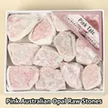 Close-up view of natural raw pink opal mineral stones in a white gift box packaging - Pink Opal Raw Stone (GN623) / One Box (8x9.5x4cm)