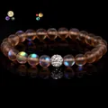 Bracciale in perle di vetro smerigliato cangiante con sfera in pavé di cristalli - 19cm 8mm Perlina di Zirconia Bianca Smerigliata / Caffè