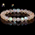 Braccialetto di perle di cristallo opaco iridescente con perlina disco pavé - 19cm 8mm Perlina di Zirconia Bianca Smerigliata / Albicocca