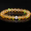 Elegantes gelbes Naturstein-Perlenarmband mit funkelndem Strass-Kugel-Anhänger - 19cm 8mm Weiße Zirkonia-Perle Matt / Gelb