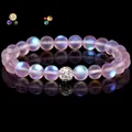 Elegantes rosa schimmerndes Kristallperlenarmband mit einem funkelnden Strass-Mittelstück - 19cm 8mm Weiße Zirkonia-Perle Matt / Hellviolett