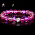 Elegantes Armband aus rosa mattiertem Stein mit einer zentralen, funkelnden Kristallkugel - 19cm 8mm Weiße Zirkonia-Perle Matt / Fuchsia