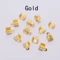 High-definition detail view of shiny gold metal cord end crimps for DIY jewelry making. - Three-Stripe Design / 4.2*6.8mm (1 Piece) / Imitation Gold