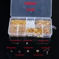 Detailed view of DIY earring finding kit with labeled sizes and quantities in storage box - Earring Stud Accessory Kit (X8R66) / Gold
