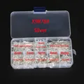 Detail view of DIY earring making kit with various silver findings in a clear storage box - Earring Stud Accessory Kit (X9R78) / Silver