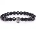 Black 8mm natural stone bead bracelet with micro-pave silver skull charm accessory - 19cm 8mm / Black Agate Silver Skull